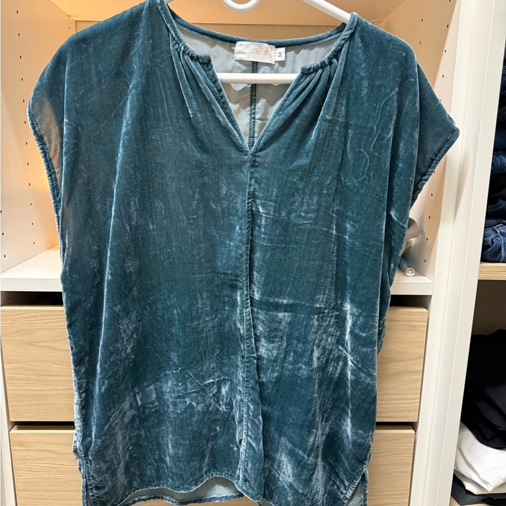 Teal Velvet Blouse with V-Neck and Relaxed Sleeves